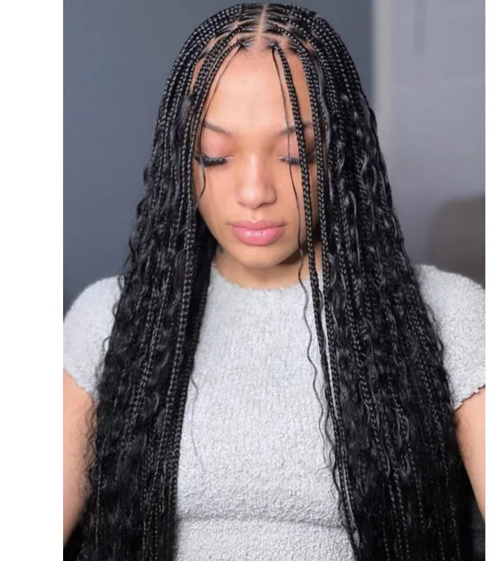 Small Boho Knotless Braids (Hair Included 1 pack human curly hair) — real salon work by Mariama