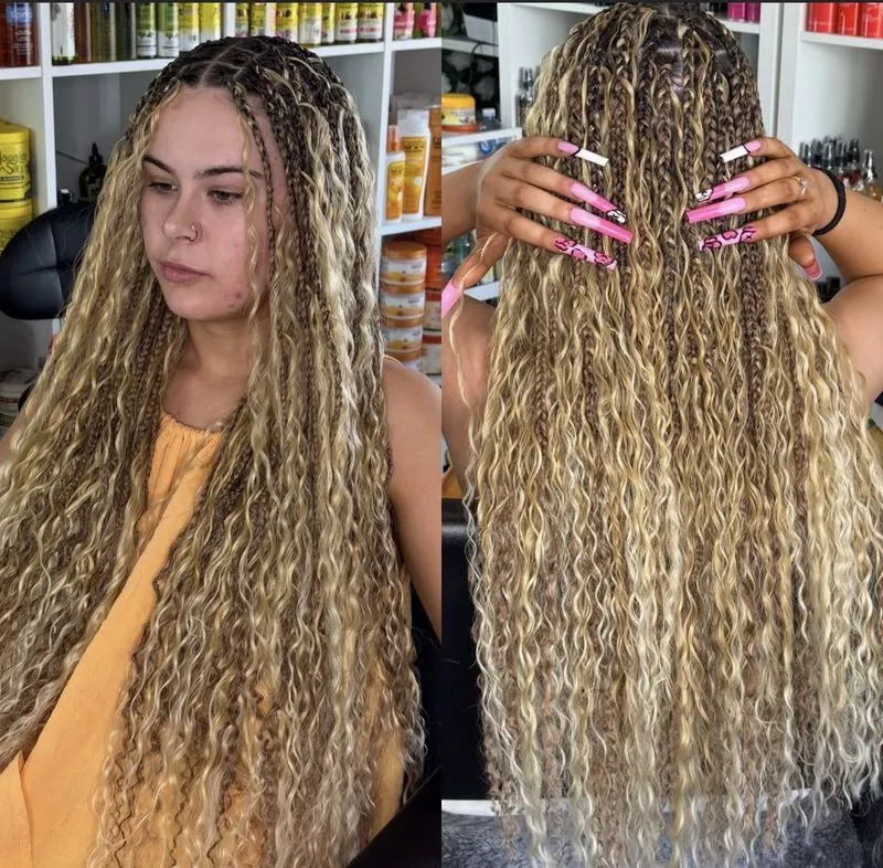 Boho knotless braids with synthetic curls by Mariama